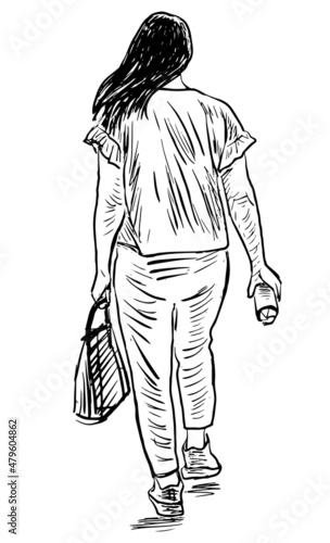 Sketch of young woman with handbag and water bottle waling outdoor on summer day