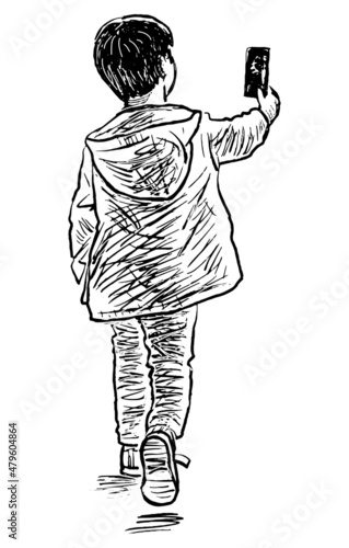 Sketch of little boy walking outdoor and looking at smartphone