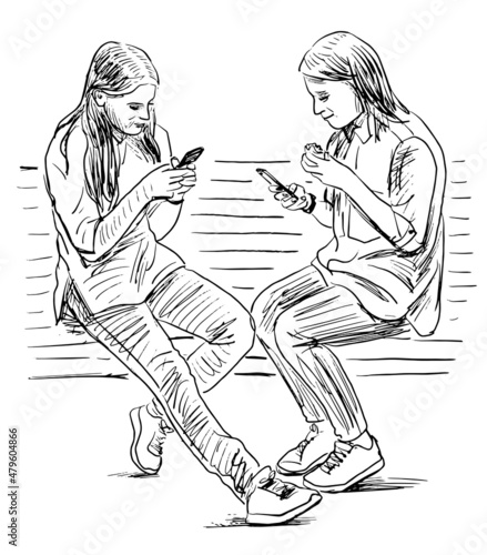 Sketch of two teen girls sitting on park bench and looking at smartphones on summer day