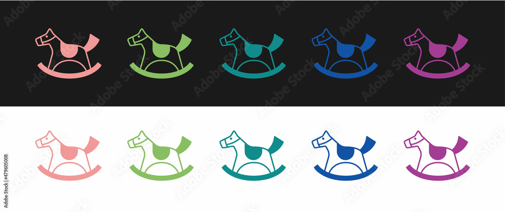 Obraz premium Set Wooden horse in saddle swing for little children icon isolated on black and white background. Vector