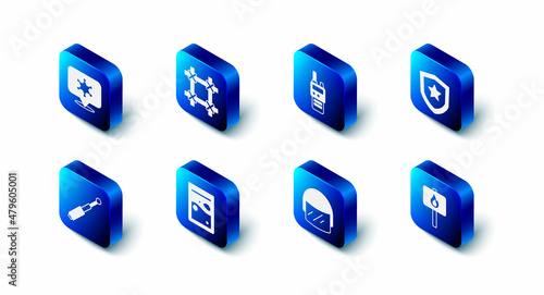 Set Prison window, Walkie talkie, Police badge, Protest, helmet, Plastic bag of drug, Telescopic baton and Hexagram sheriff icon. Vector
