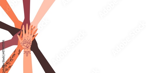 Banner or flyer with diverse multiethnic joined hands, flat vector illustration.