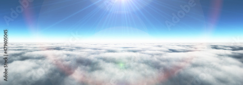 Photography Above clouds sun ray, 3d rendering