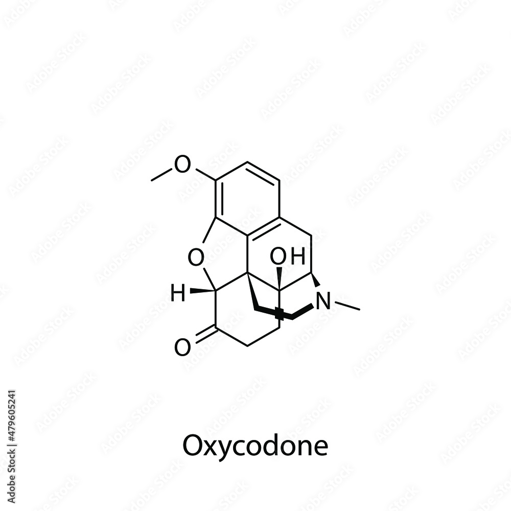 Fototapeta premium Oxycodone molecular structure, flat skeletal chemical formula. Opioid, painkiller, narcotic, analgesic drug used to treat . Vector illustration.