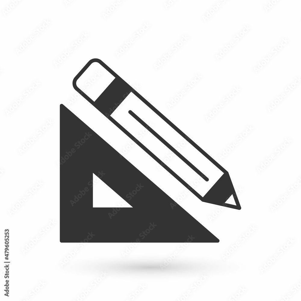 Grey Triangular ruler and pencil icon isolated on white background. Straightedge symbol. Drawing and educational tools. Vector Grey Triangular ruler and pencil icon isolated on white background. Straightedge symbol. Drawing and educational tools. Vector