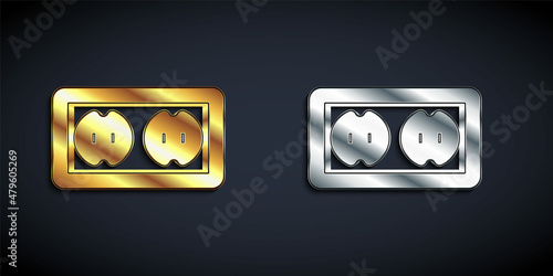 Gold and silver Electrical outlet icon isolated on black background. Power socket. Rosette symbol. Long shadow style. Vector