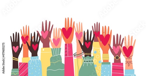 Raised diverse multiethnic hands with hearts, flat vector illustration isolated.