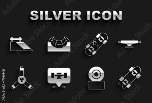 Set Skateboard wheel, Longboard or skateboard, Y-tool, Broken, park and icon. Vector