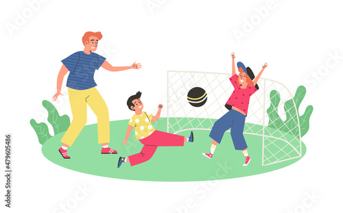 Father and children play soccer together, flat vector illustration isolated.