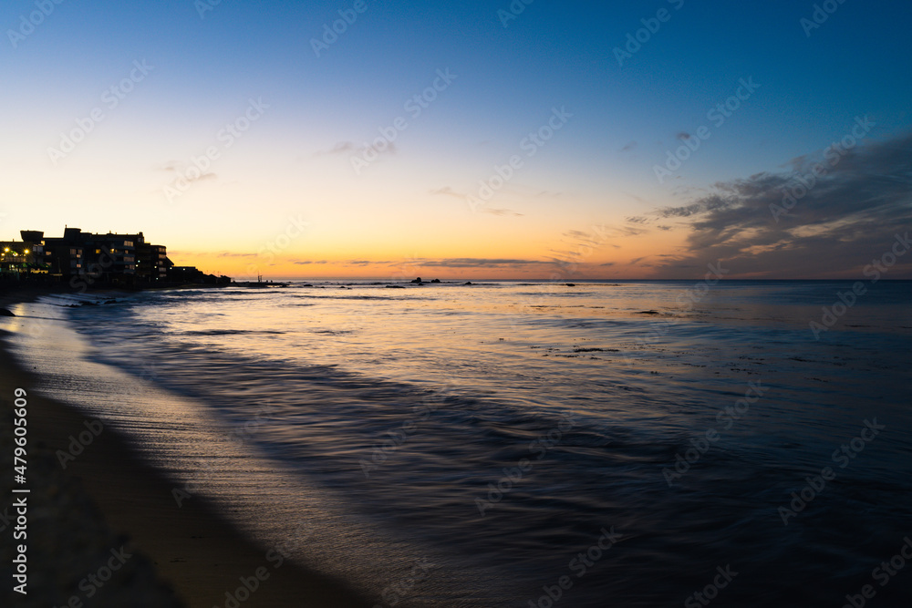 Blue sky over smooth sea at sunset in Algarrobo beach, Chile. Tourist destination, summer holidays concepts