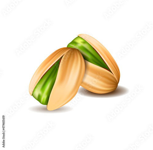 Realistic nut concept. Sticker with delicious pistachios in shell. Healthy food with vitamins and fatty acids. Design element for printing. Cartoon 3D vector illustration isolated on white background