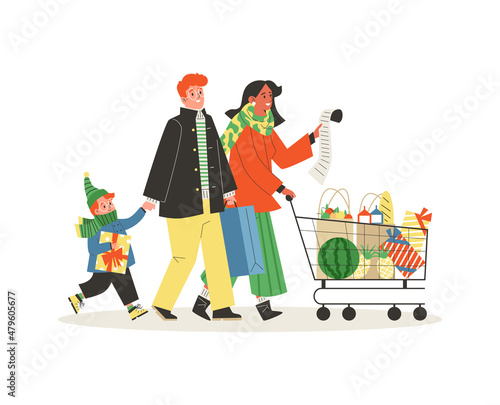 Multicultural family with White Redhead husband and son and Ethnic Indian or Hispanic wife goes to winter shopping.