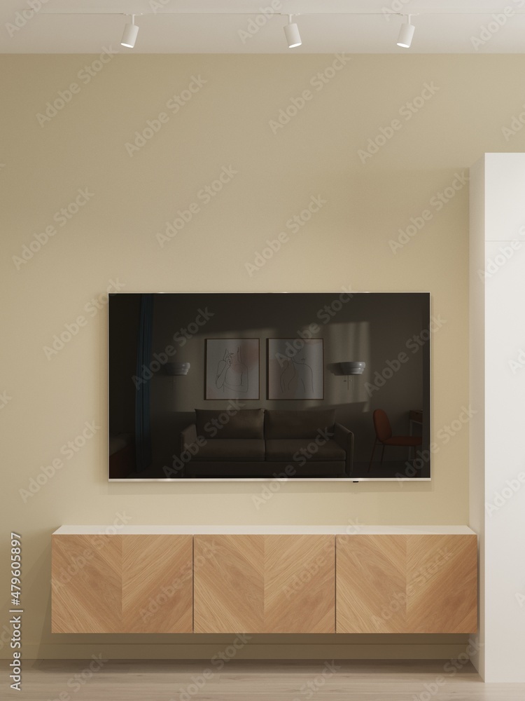 modern design of a living room with a bed in and a work area in warm shades, beige walls, a white wardrobe, an orange chair, tv stand modern design of a living room with a bed in and a work area in warm shades, beige walls, a white wardrobe, an orange chair, tv stand