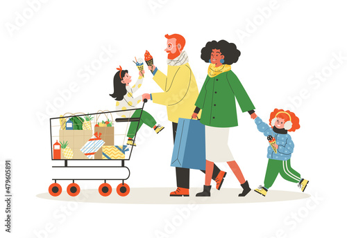 Family going shopping together cartoon flat vector illustration isolated.