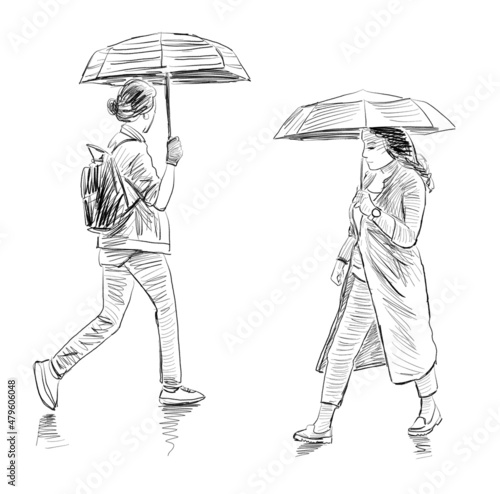 Sketch of two casual townswomen under umbrellas walking outdoors in the rain photo