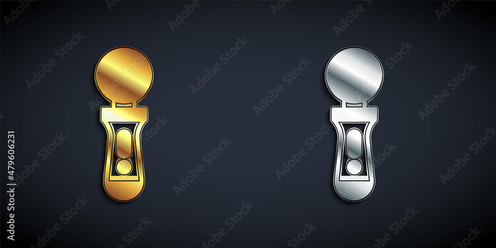 Gold and silver VR controller game icon isolated on black background. Virtual reality experience, sensation of presence, position-tracking technology device. Long shadow style. Vector Gold and silver VR controller game icon isolated on black background. Virtual reality experience, sensation of presence, position-tracking technology device. Long shadow style. Vector