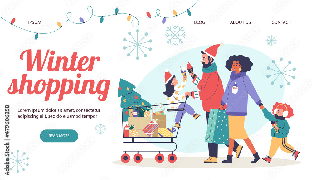 Winter and Christmas shopping website banner layout, flat vector illustration.