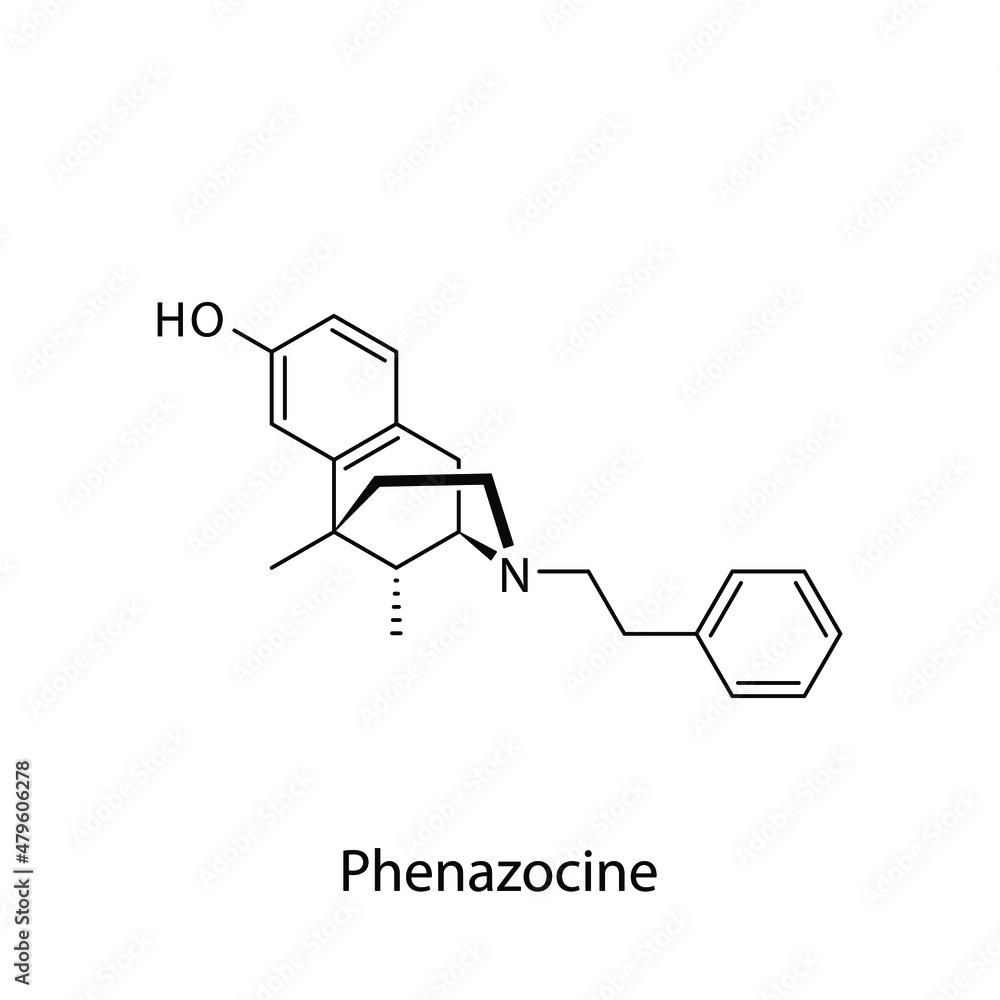 Phenazocine molecular structure, flat skeletal chemical formula. Opioid, painkiller, narcotic, analgesic . Vector illustration. Phenazocine molecular structure, flat skeletal chemical formula. Opioid, painkiller, narcotic, analgesic . Vector illustration.