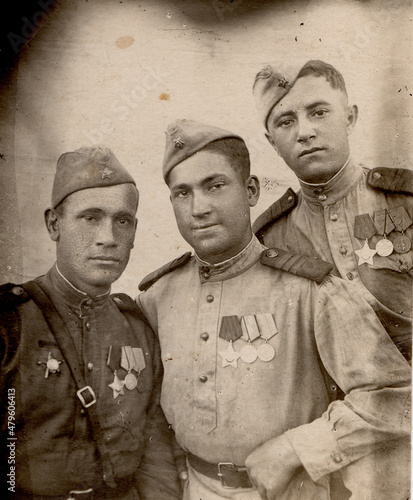 Vintage photo of a portrait of soldiers of the Red Army of the Second World War. Leningrad front photo