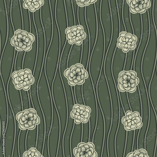 Silver green tones linear abstract pine cones seamless pattern print. Vector illustration, digital background, surface design