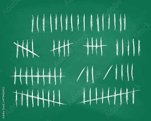Tally marks set on school green chalkboard. Collection of white hash marks signs of prison wall, jail or desert island lost day tally numbers counting. Vector chalk drawn sticks lines counter