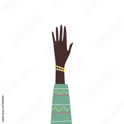 Black woman's raised hand, cartoon flat vector illustration. African American palm rise high with golden bracelet on it.