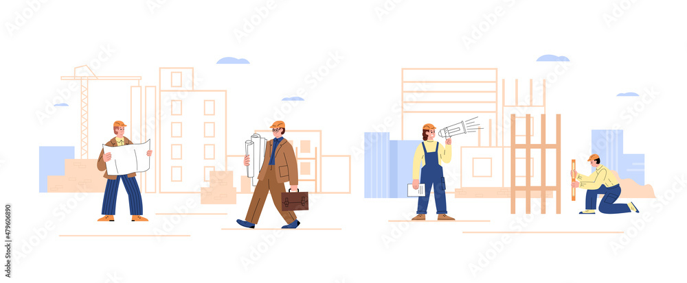 Architecture and construction industry employees, vector illustration isolated.