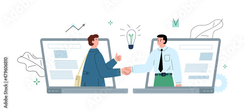 Two business men cooperate and shake hands through the laptops, flat vector illustration on white background.