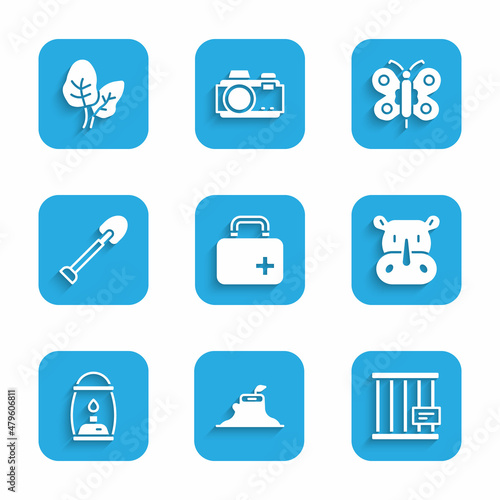 Set First aid kit, Tree stump, Animal cage, Rhinoceros, Camping lantern, Shovel, Butterfly and Tropical leaves icon. Vector