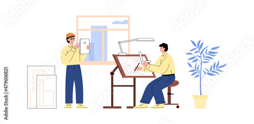 Architect and civil engineer working on project flat vector illustration isolated