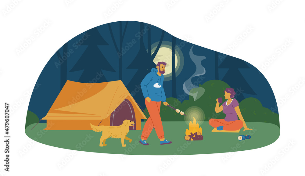 Banner with tourists around campfire in camp, flat vector illustration isolated. Banner with tourists around campfire in camp, flat vector illustration isolated.