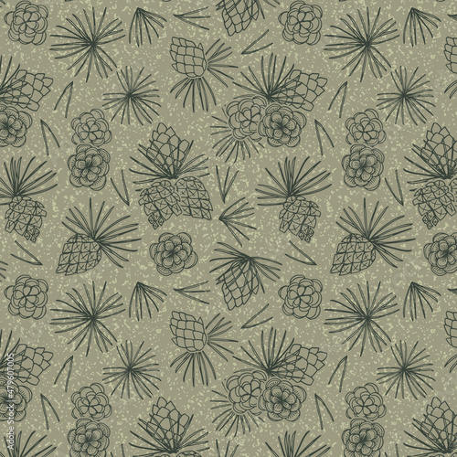 Pastel abstract scattered pine cones seamless pattern print. Vector illustration, digital background, surface design