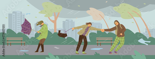 Severe storm weather at the park, vector illustration. People with umbrellas walk in strong wind and under heavy rain.