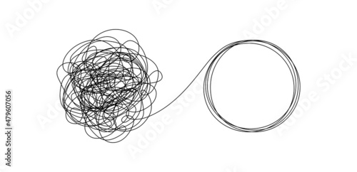 Chaotically tangled line and untied knot in form of circle. Psychotherapy concept of solving problems is easy. Unravels chaos and mess difficult situation. Doodle vector illustration photo