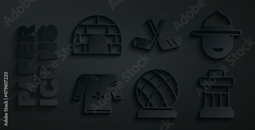 Set Montreal Biosphere, Canadian ranger hat, Hockey jersey, Inukshuk, Ice hockey sticks and Igloo ice house icon. Vector
