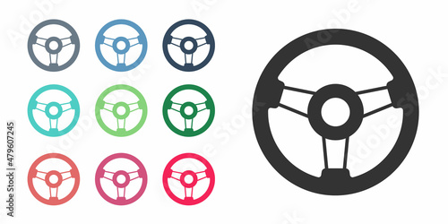 Black Racing simulator cockpit icon isolated on white background. Gaming accessory. Gadget for driving simulation game. Set icons colorful. Vector