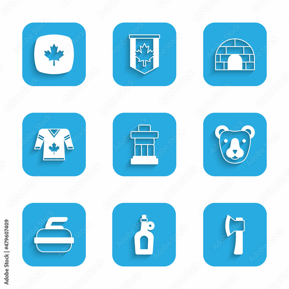 Set Inukshuk, Bottle of maple syrup, Wooden axe, Bear head, Stone for curling, Hockey jersey, Igloo ice house and Canadian leaf icon. Vector Set Inukshuk, Bottle of maple syrup, Wooden axe, Bear head, Stone for curling, Hockey jersey, Igloo ice house and Canadian leaf icon. Vector