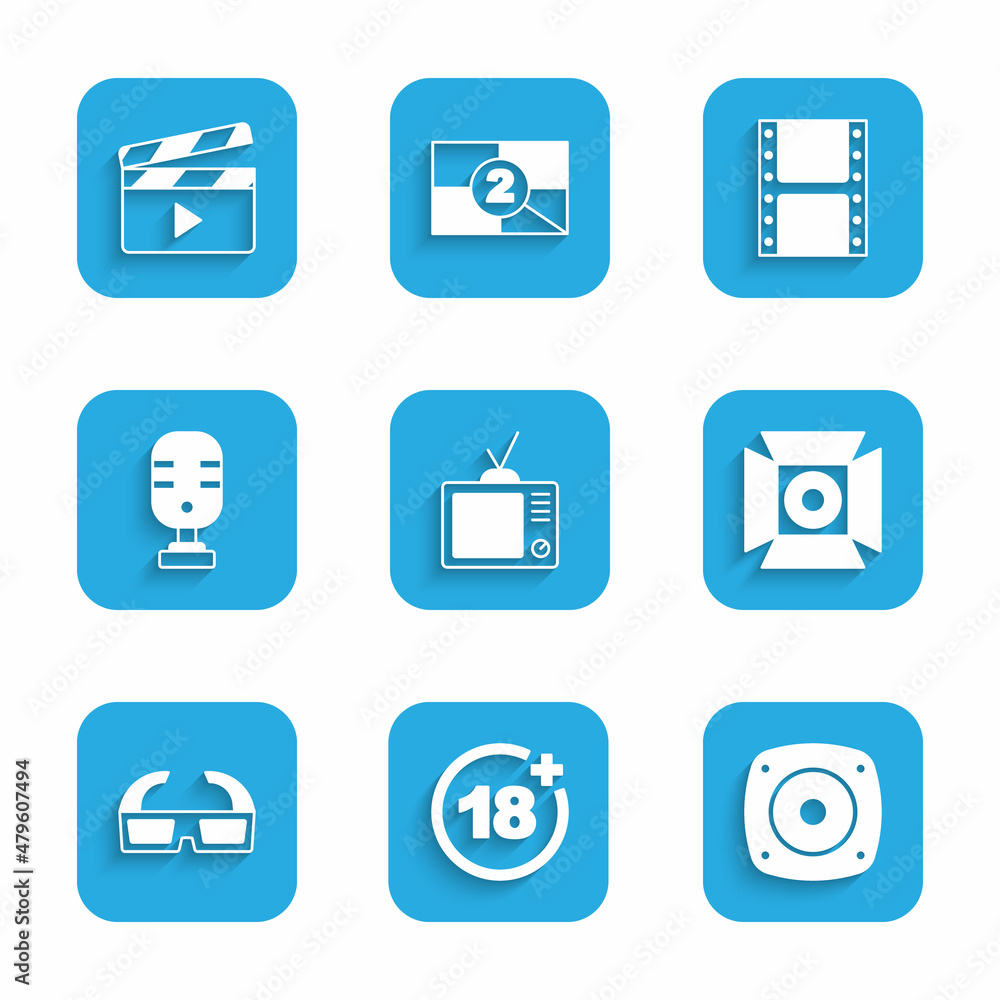 Set Retro tv, Plus 18 movie, Stereo speaker, Movie spotlight, 3D cinema glasses, Microphone, Play video and clapper icon. Vector Set Retro tv, Plus 18 movie, Stereo speaker, Movie spotlight, 3D cinema glasses, Microphone, Play video and clapper icon. Vector