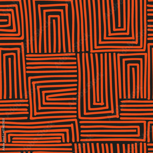 Mexican style abstract background. Seamless vector pattern illustration. Black and orange colors. Doodle sketch. Traditional symbols and lines of Mexico. Wrapping paper design. Ornamental geometry