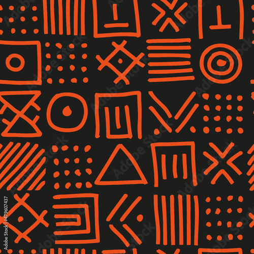 Mexican style abstract background. Seamless vector pattern illustration. Black and orange colors. Doodle sketch. Traditional symbols and lines of Mexico. Wrapping paper design. Ornamental geometry