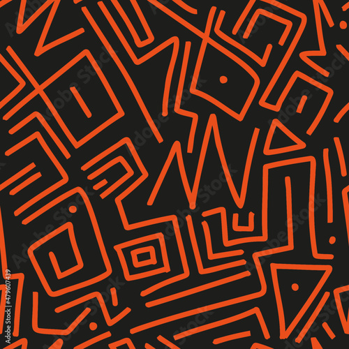 Mexican style abstract background. Seamless vector pattern illustration. Black and orange colors. Doodle sketch. Traditional symbols and lines of Mexico. Wrapping paper design. Ornamental geometry
