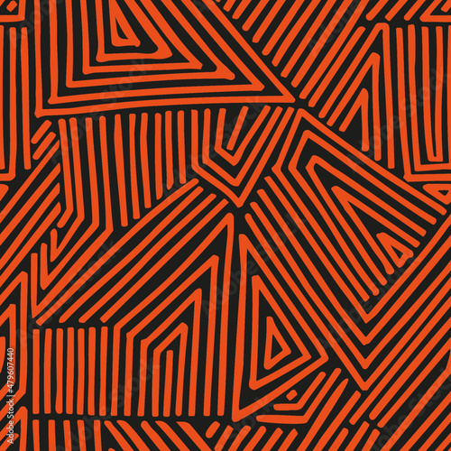 Mexican style abstract background. Seamless vector pattern illustration. Black and orange colors. Doodle sketch. Traditional symbols and lines of Mexico. Wrapping paper design. Ornamental geometry