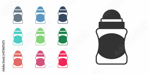 Black Antiperspirant deodorant roll icon isolated on white background. Cosmetic for body hygiene. Set icons colorful. Vector