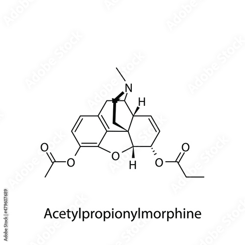 Acetylpropionylmorphine molecular structure, flat skeletal chemical formula. Opioid, painkiller, narcotic, analgesic drug used to treat . Vector illustration.