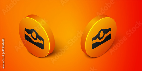 Isometric Acne icon isolated on orange background. Inflamed pimple on the skin. The sebum in the clogged pore promotes the growth of a bacteria. Orange circle button. Vector