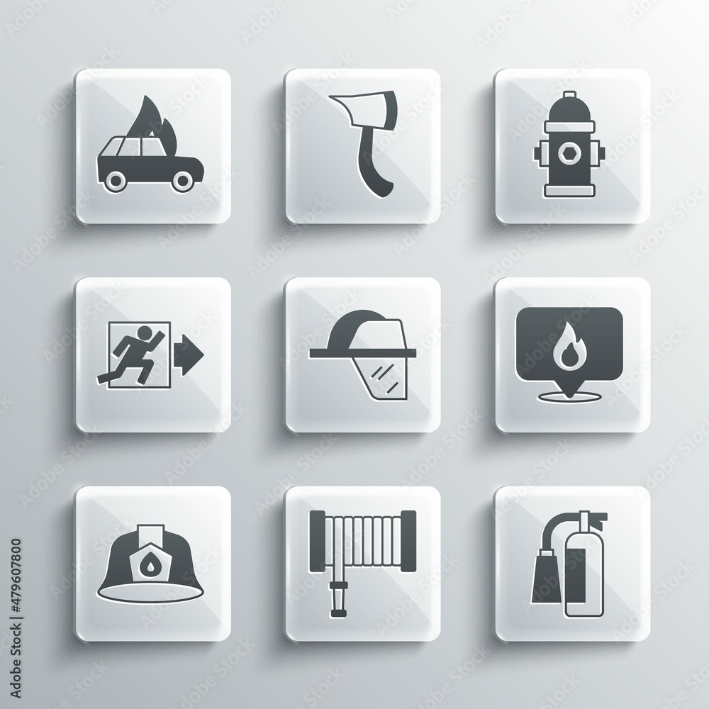 Set Fire hose reel, extinguisher, Location with fire flame, Firefighter helmet, exit, Burning car and hydrant icon. Vector Set Fire hose reel, extinguisher, Location with fire flame, Firefighter helmet, exit, Burning car and hydrant icon. Vector