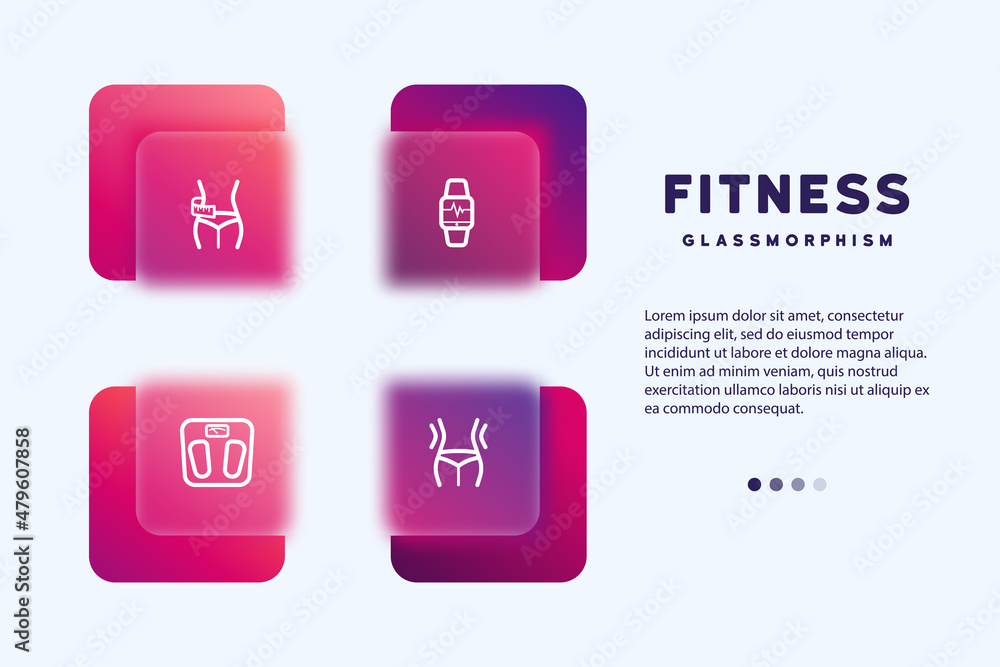 Sport and fitness icon set. Fitness line icons. Contains icons gym, nutrition, cardio exercises, sports supplements, yoga, workout and more. Glassmorphism style. Sport and fitness icon set. Fitness line icons. Contains icons gym, nutrition, cardio exercises, sports supplements, yoga, workout and more. Glassmorphism style.
