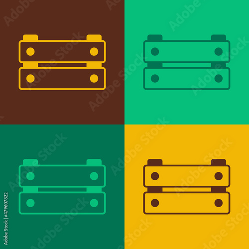 Pop art Wooden box icon isolated on color background. Grocery basket, storehouse crate. Empty wooden container for vegetables, products. Vector