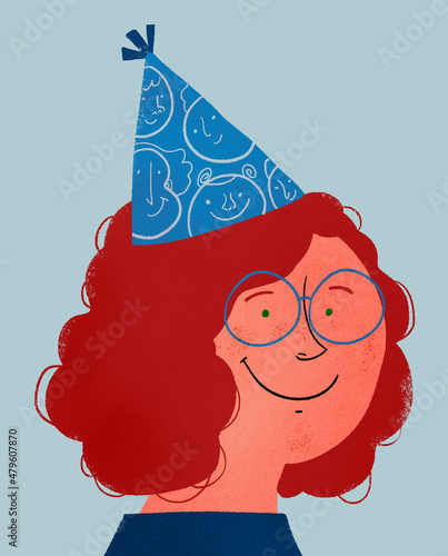 Woman with face patterned birthday point hat (ID: 479607870)