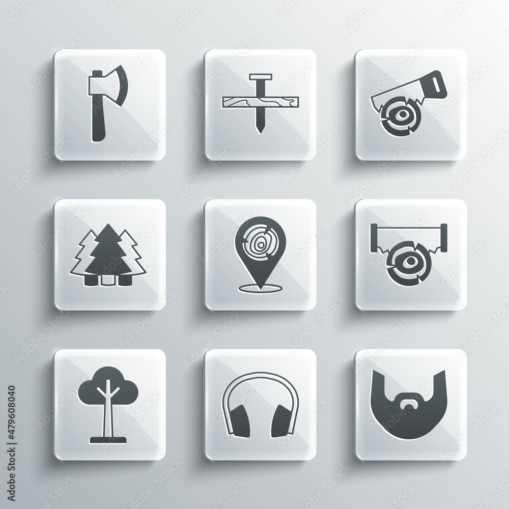 Set Headphones, Mustache and beard, Two-handed saw log, Wooden logs, Tree, Christmas tree, axe and Hand icon. Vector Set Headphones, Mustache and beard, Two-handed saw log, Wooden logs, Tree, Christmas tree, axe and Hand icon. Vector